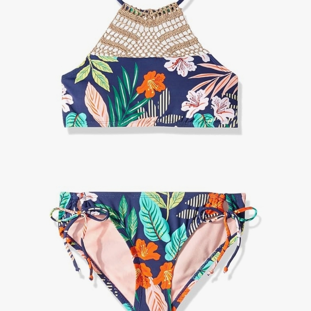 Hobie Girls Sz 12 Floral Print Crochet Swimsuit Bikini Lace-up‎ Knit Beach Surf